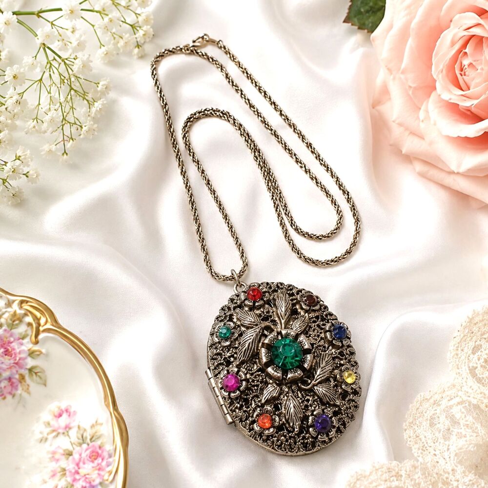 Vintage Large Jewel Tone Rhinestone Ornate Floral Locket Necklace 24"